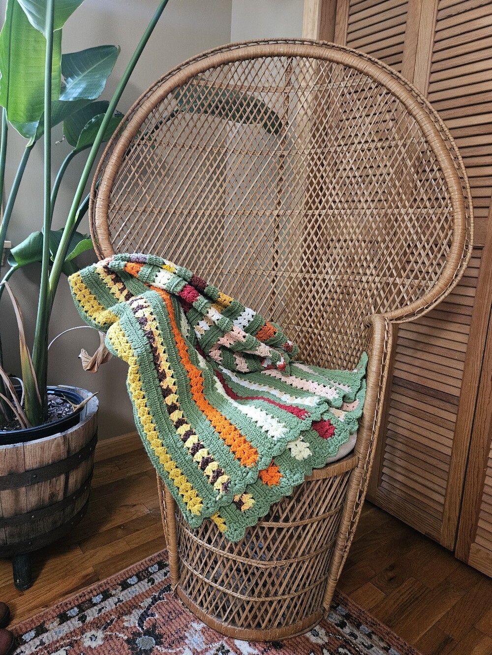 Vintage 70s Hand Knitted Boho Colorful Afghan Blanket Throw